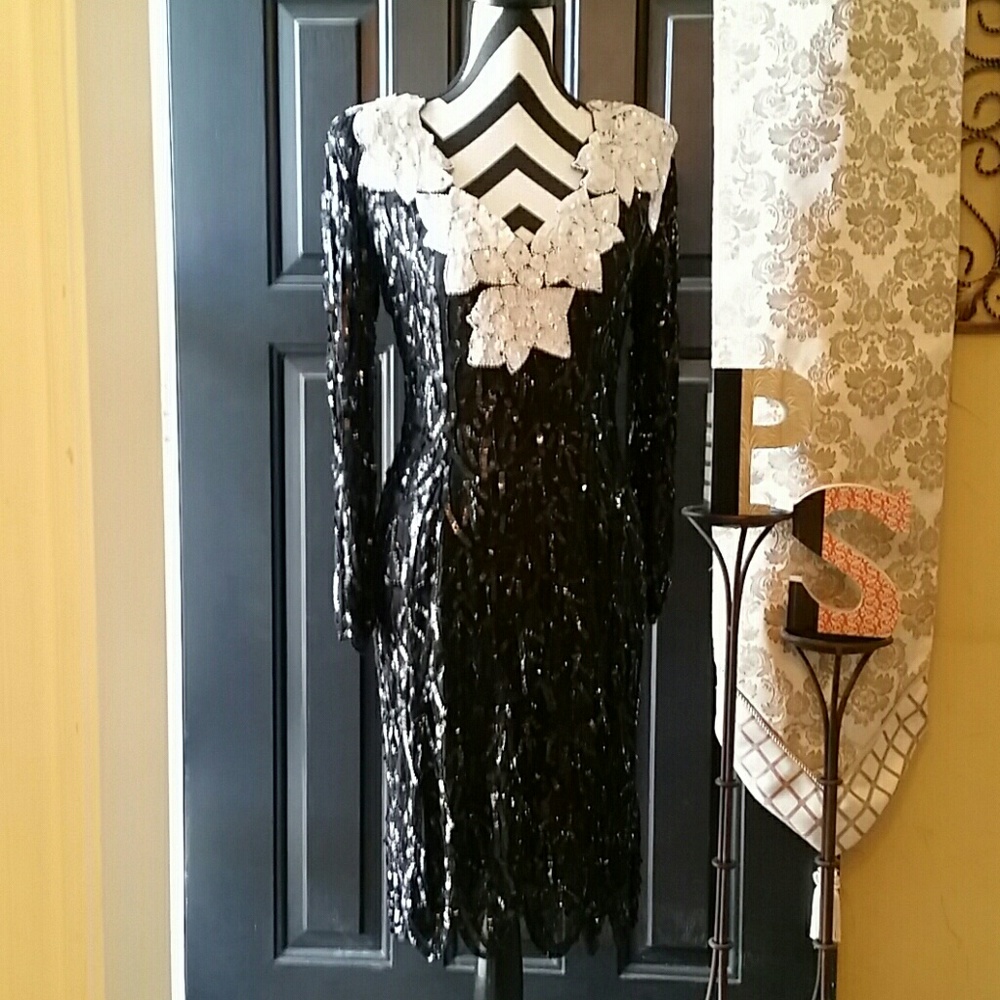 O.R. Silk Fashions Sequin Black/White Silk Dress Sm